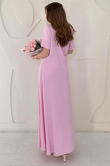 Pembe Pileli Bisiklet Yaka Elbise