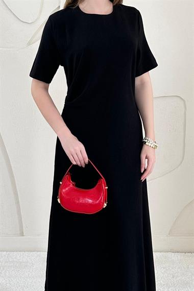 Siyah Pileli Bisiklet Yaka Elbise