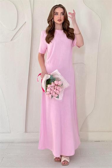 Pembe Pileli Bisiklet Yaka Elbise