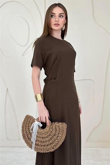 Kahverengi Pileli Bisiklet Yaka Elbise