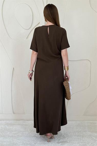 Kahverengi Pileli Bisiklet Yaka Elbise