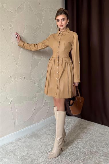 Bej Piliseli Deri Elbise