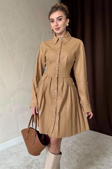 Bej Piliseli Deri Elbise