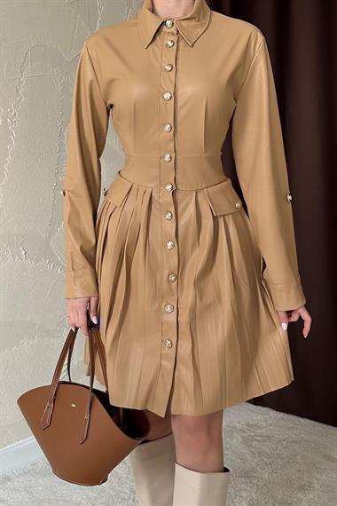 Bej Piliseli Deri Elbise