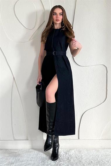 Lacivert Pilise Detaylı Garnili Kot Elbise