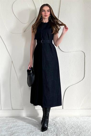 Lacivert Pilise Detaylı Garnili Kot Elbise