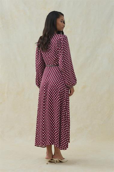 Bordo Puantiye Detaylı Kemerli Elbise