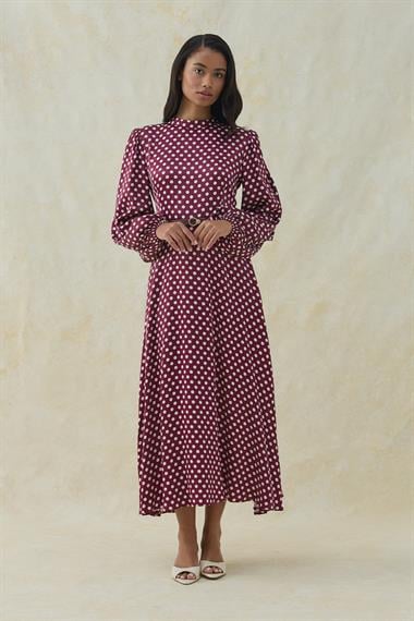 Bordo Puantiye Detaylı Kemerli Elbise