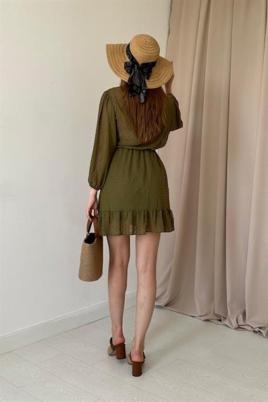 Haki Puantiyeli Kruvaze Elbise