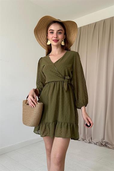 Haki Puantiyeli Kruvaze Elbise