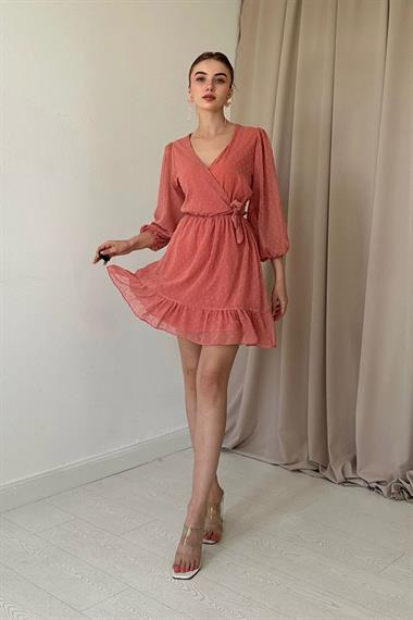 Pudra Puantiyeli Kruvaze Elbise