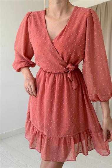 Pudra Puantiyeli Kruvaze Elbise