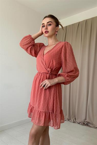 Pudra Puantiyeli Kruvaze Elbise