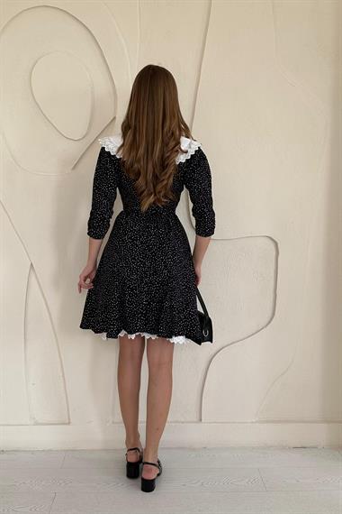 Siyah Puantiyeli Önlük Yaka Elbise