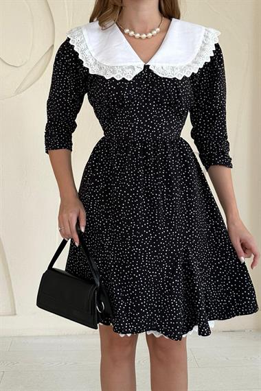 Siyah Puantiyeli Önlük Yaka Elbise