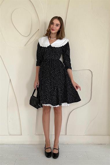 Siyah Puantiyeli Önlük Yaka Elbise