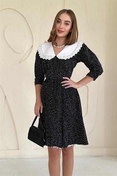 Siyah Puantiyeli Önlük Yaka Elbise