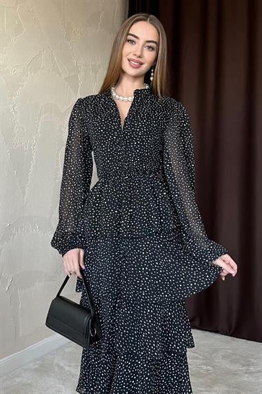 Siyah Puantiyeli Şifon Kat Elbise