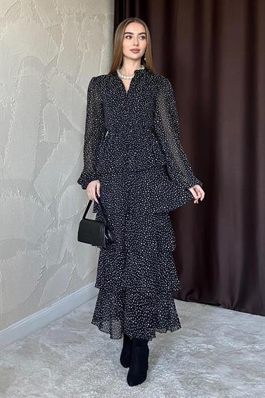 Siyah Puantiyeli Şifon Kat Elbise