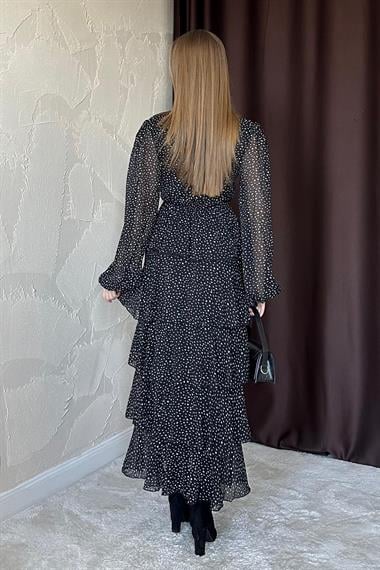 Siyah Puantiyeli Şifon Kat Elbise