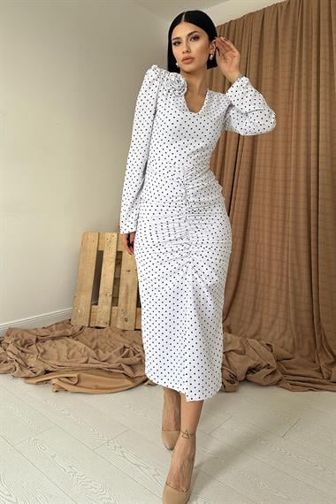 Beyaz Puantiyeli V Yaka Güllü Elbise