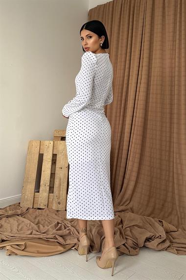 Beyaz Puantiyeli V Yaka Güllü Elbise
