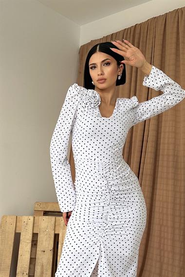 Beyaz Puantiyeli V Yaka Güllü Elbise