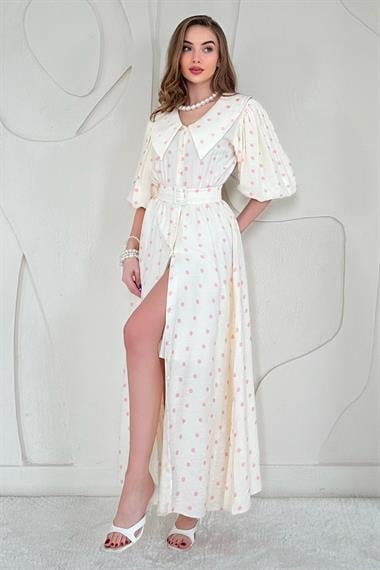 Pembe Puantiyeli ve Kemerli Elbise