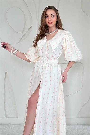Pembe Puantiyeli ve Kemerli Elbise