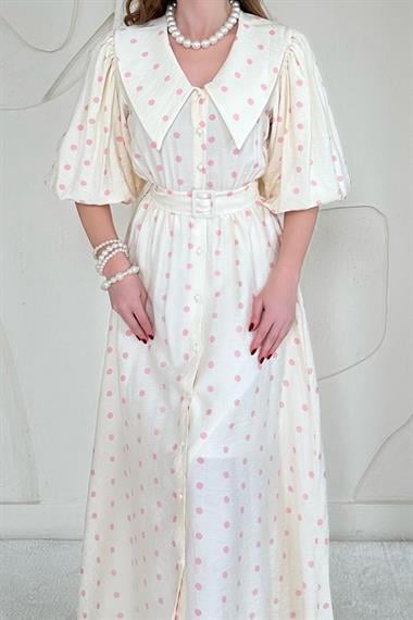 Pembe Puantiyeli ve Kemerli Elbise