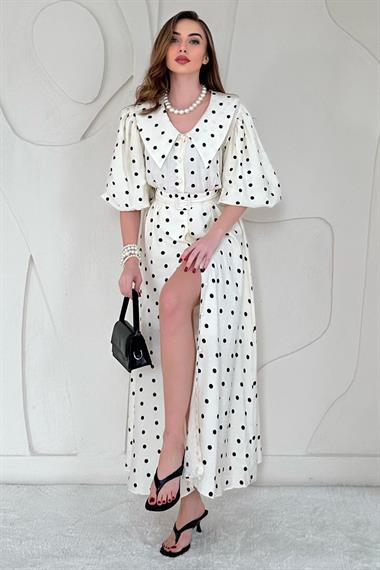 Bej Puantiyeli ve Kemerli Elbise