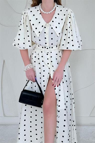 Bej Puantiyeli ve Kemerli Elbise