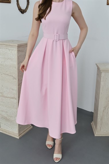 Pudra Halter Yaka Kloş Elbise