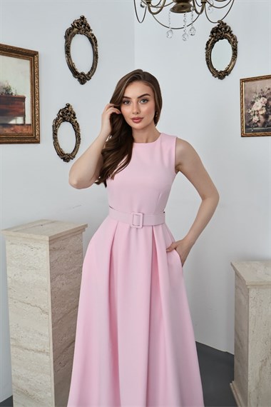 Pudra Halter Yaka Kloş Elbise