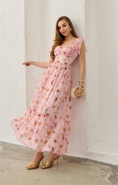 Pudra Şifon Drapeli Elbise