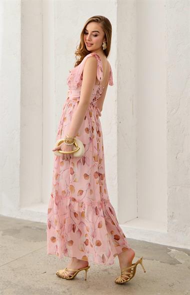 Pudra Şifon Drapeli Elbise