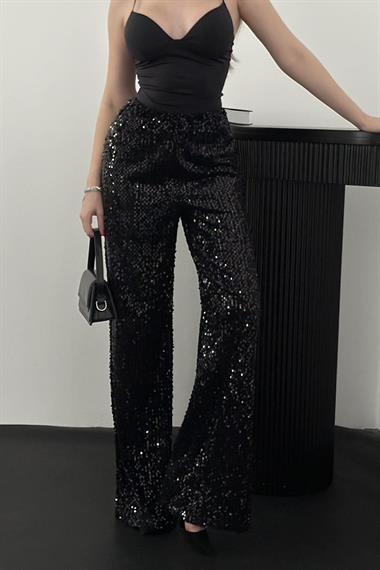 Siyah Pul Payet Detaylı Beli Lastikli Pantolon