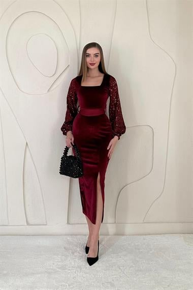 Bordo Pul Payetli Yırtmaç Detaylı Kadife Elbise