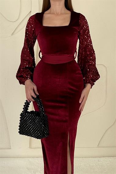 Bordo Pul Payetli Yırtmaç Detaylı Kadife Elbise