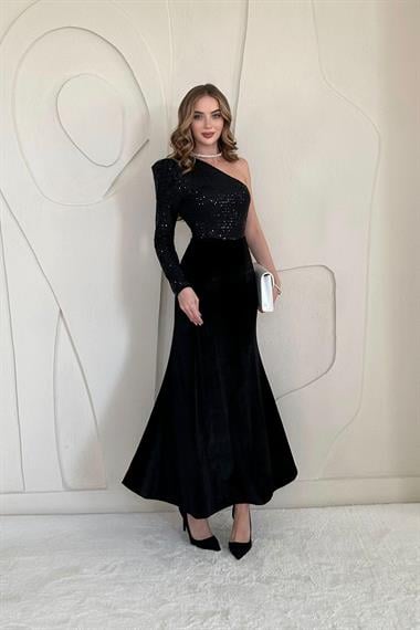 Siyah Pul Payetli Kadife Elbise