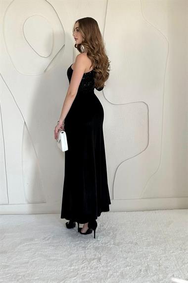 Siyah Pul Payetli Kadife Elbise