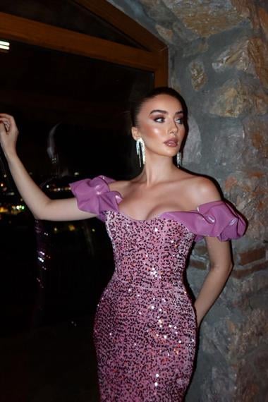 Pudra Pulpayetli Kolsuz Elbise