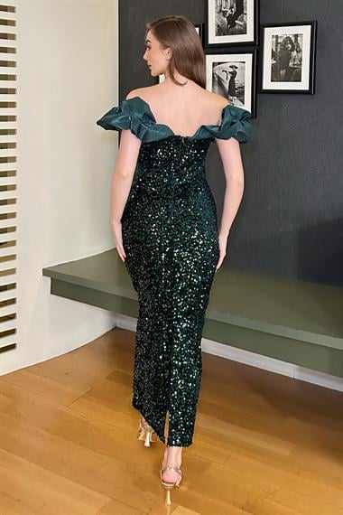 Zümrüt Pulpayetli Kolsuz Elbise