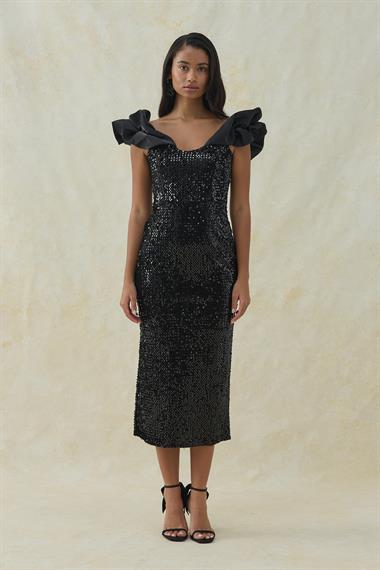 Siyah Pulpayetli Kolsuz Elbise