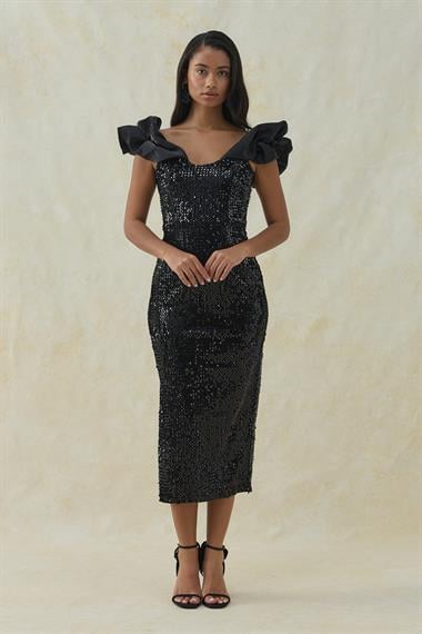 Siyah Pulpayetli Kolsuz Elbise