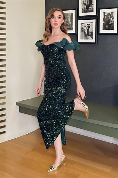 Zümrüt Pulpayetli Kolsuz Elbise