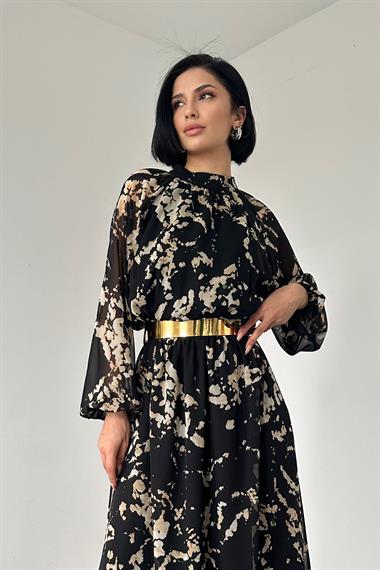Siyah Reglan Kol ve Baskılı Elbise