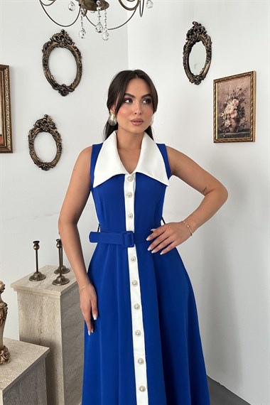 Saks Geniş Yakalı Halter Kollu Elbise
