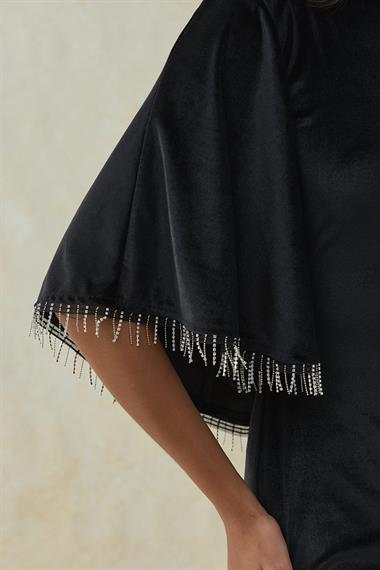 Siyah Şal Yaka Detaylı Kadife Elbise