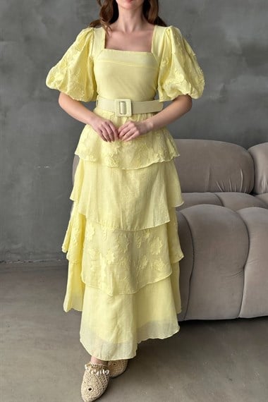 Sarı Balon Kol Detaylı Kat Kat Çiçek Elbise